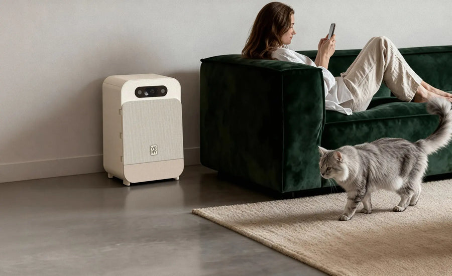 Chat gris et robot Yomy dans un intérieur moderne