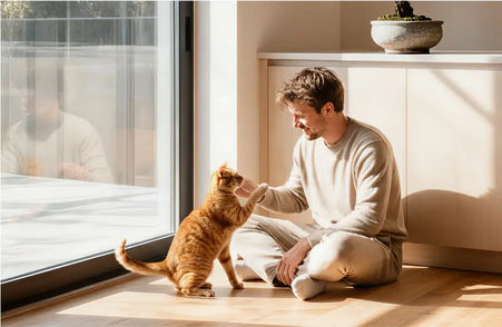 Chat roux jouant dans une cuisine avec un un utilisateur de Yomy