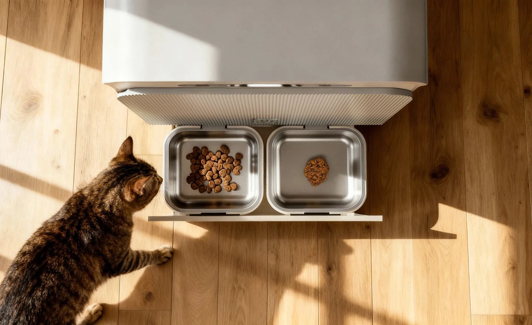 Chat mangeant dans le robot Yomy dans un salon lumineux