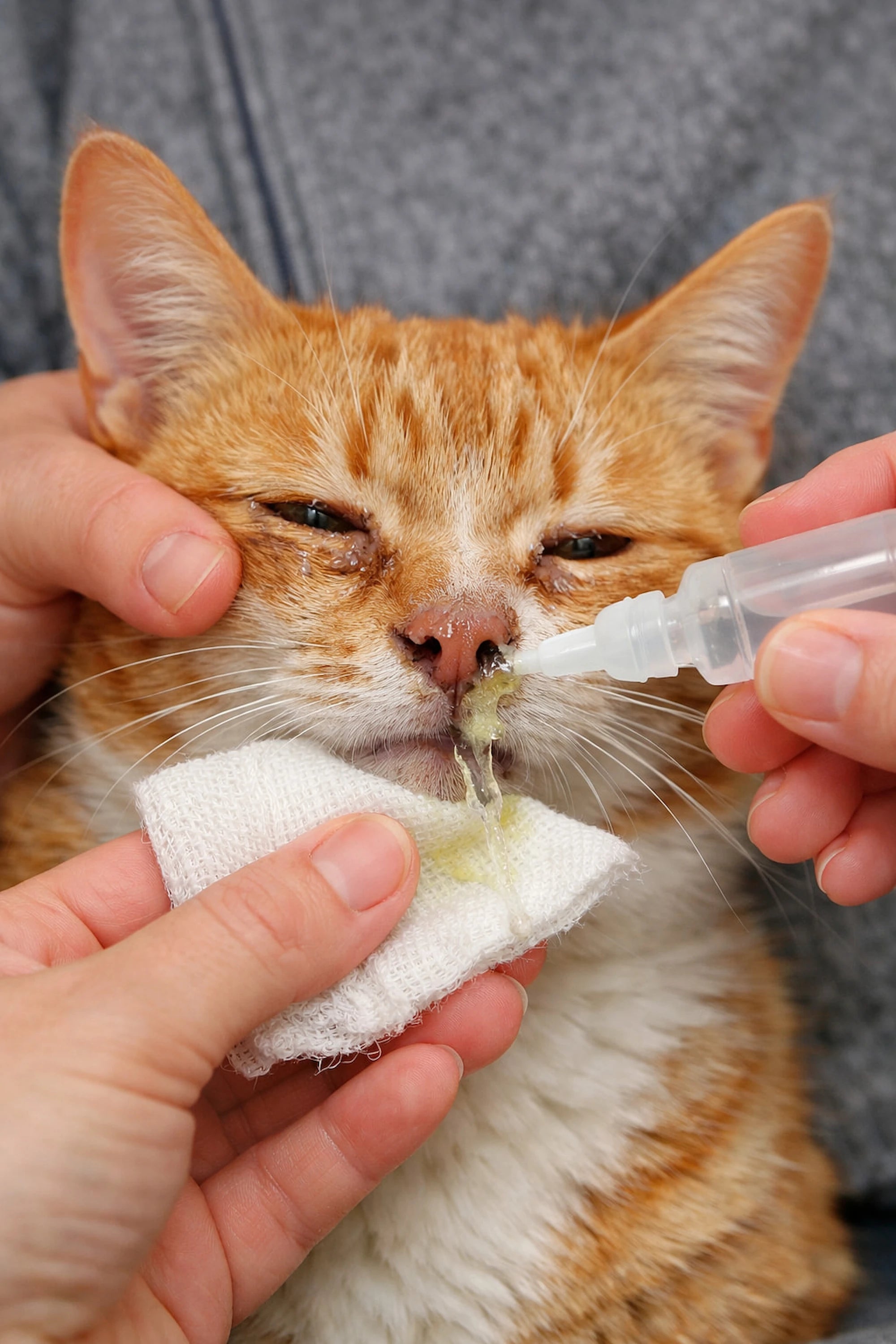 Chat roux recevant des soins nasaux avec nettoyage des sécrétions pendant une maladie respiratoire.