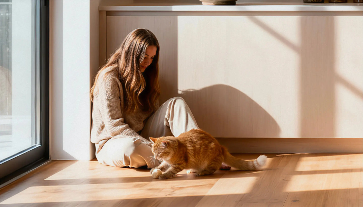 Chat et cat parent Yomy dans un salon lumineux en bois
