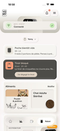 Onglet Robot : carte Aliments avec la pâtée Poulet et potiron et les croquettes Chat Adulte Stérilisé