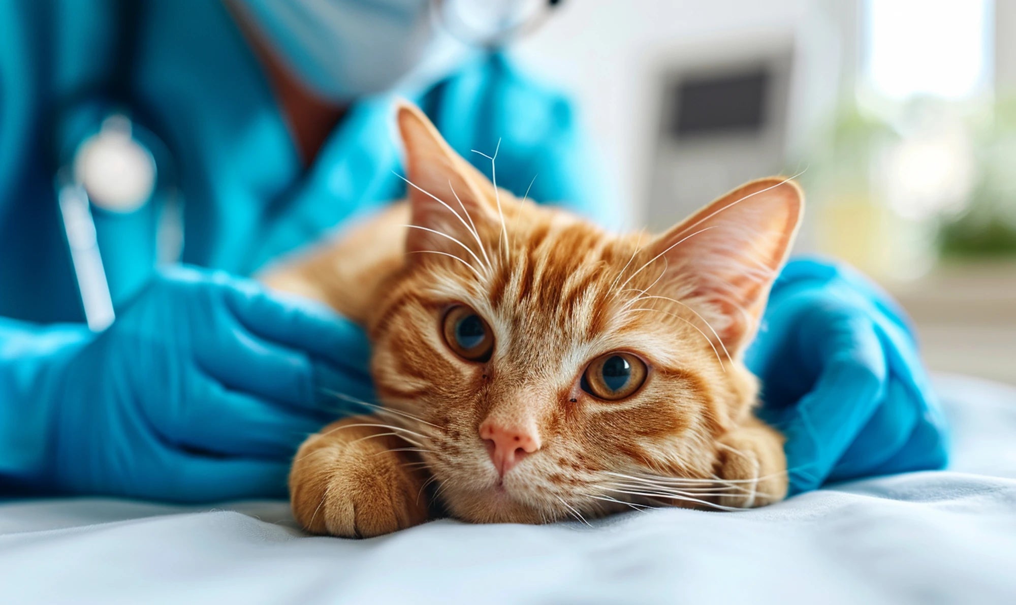 Chat roux examiné par un vétérinaire portant des gants bleus lors d’une consultation.