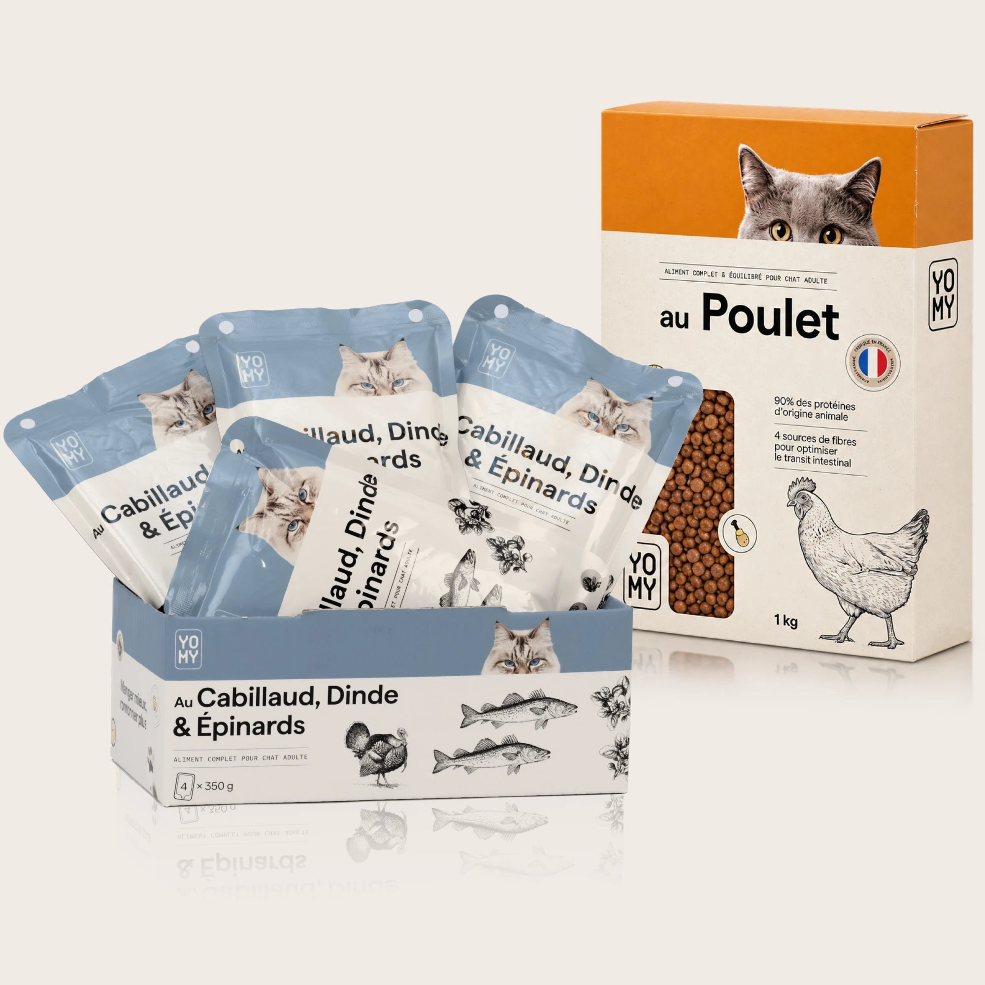 Pâtée Cabillaud, Dinde & Épinards 4 x 350 g + Croquettes Poulet 1 kg