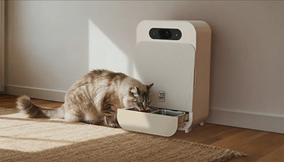 Chat gris mangeant dans le robot Yomy 
