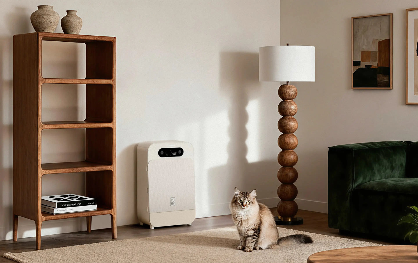 Chat et robot Yomy dans un salon lumineux en bois avec des lampes