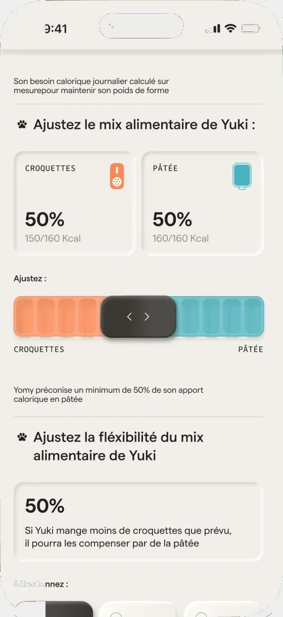 Réglage du mix alimentaire d’un chat dans l’app Yomy : croquettes et pâtée