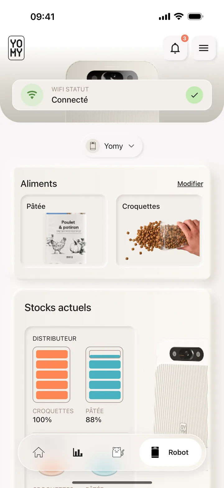Écran du robot dans l’app Yomy : connexion, aliments et stocks